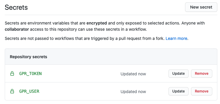 Diese Secrets müssen wir nur in den Repository-Einstellungen erstellen, wenn wir in ein anderes Repository publishen